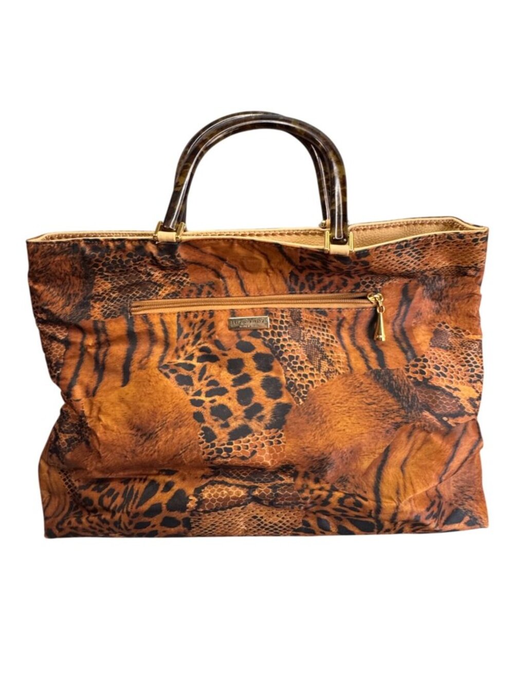 Plinio Visona Animal Print Tote Tortoiseshell Handles Leather Italy 16" XL Bag - Picture 2 of 8